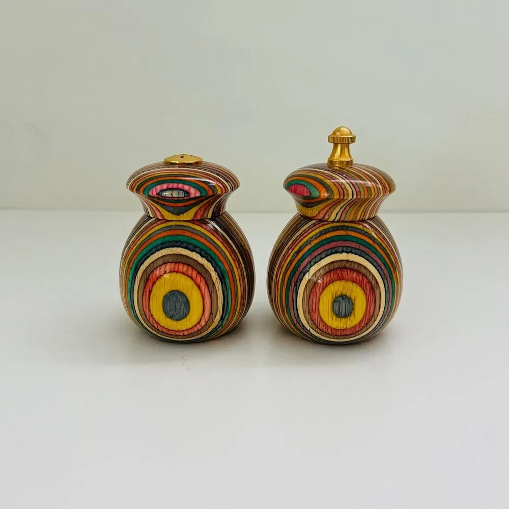 MR. DUDLEY Rainbow Striped Laminated Wood Gold Hardware Salt & Pepper Shakers